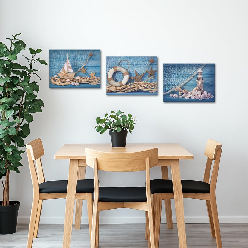 LevvArts 3 Piece Beach Canvas Wall Art Seashell Startfish with Blue Board Picture Prints Maritime Sailing Boat Lighthouse Poster Painting for Bathroom Gallery Canvas Wrapped Ready to Hang - Image 5